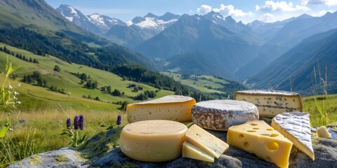 Wall Mural - A variety of cheeses are displayed on a rock, with a beautiful mountain backdrop. Concept of tranquility and natural beauty