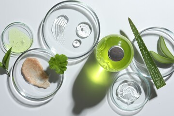 Wall Mural - Petri dishes with different cosmetic products and aloe vera leaves on white background, flat lay