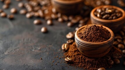 Poster - Ground coffee Roasted coffee beans ground coffee and instant coffee in bowls at dark background : Generative AI