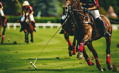 Horses and players in a polo sport competition on a green grass field