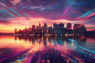 Wall Mural - City Skyline with Data Flow Light Trails