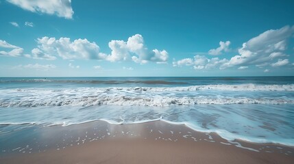 Aufkleber - A minimalistic landscape photo view of river or ocean with blue sky Horizontal landscape of realistic of beach with blue Perfect ocean surface Tranquility calm concept Nature concept : Generative AI