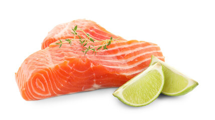 Wall Mural - Pieces of fresh salmon and lime isolated on white