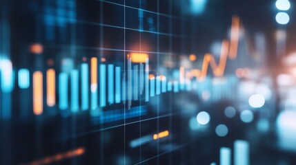 Poster - Close-up of a financial graph with a focus on positive growth trends and key performance indicators, set against a backdrop of a bustling business environment