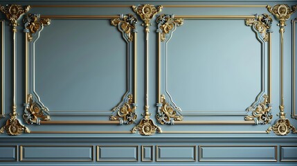 Poster - Luxury room interior with golden molding decor and blue wall in vintage style Classical architecture background mockup : Generative AI