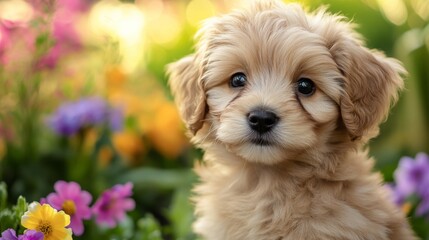 Poster - Close-up of a fluffy puppy with a tiny nose and bright eyes, sitting in a field of flowers, enhancing its cuteness and natural beauty.
