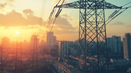 Wall Mural - Close-up of a high-voltage power transmission tower in an urban setting, showcasing the tower's metallic structure and the surrounding cityscape.