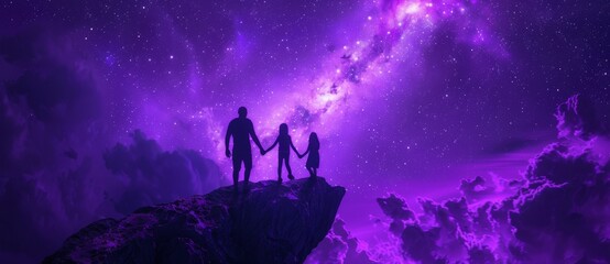 Wall Mural - in this illustration, the silhouette of a family is surrounded by beautiful starry skies.