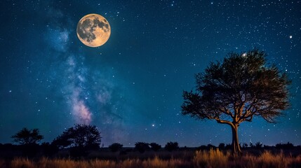 Wall Mural - starry night sky with a full moon hanging low