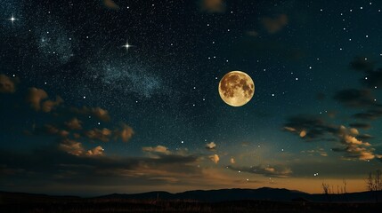 Wall Mural - starry night sky with a full moon hanging low
