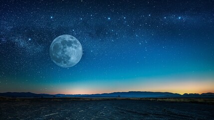 Wall Mural - starry night sky with a full moon hanging low