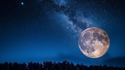 Wall Mural - starry night sky with a full moon hanging low