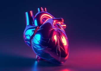 Wall Mural - Stock image of a futuristic glowing anatomy human heart isolated against a dark blue background.