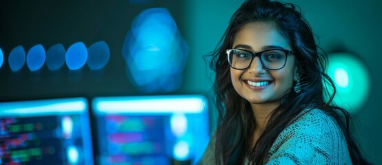 Fototapete - The image shows a young Indian female IT developer working on a laptop in the office.