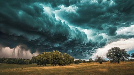 Poster - Close-up of a powerful summer storm with dark, swirling clouds and strong gusts of wind affecting trees and structures, highlighting the storm's impact.
