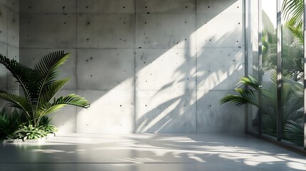 Poster - Blank concrete wall in modern empty room with tropical plant garden Luxury house interior with green palm trees Minimal architecture design : Generative AI
