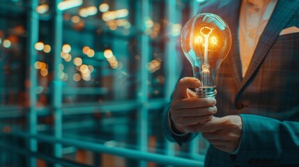 Poster - an entrepreneur holds a light bulb to illustrate a smart innovation business concept