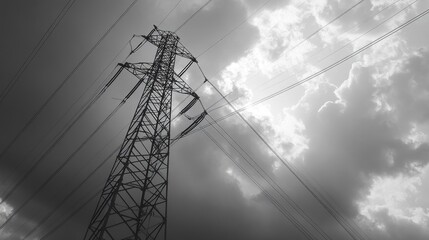 Fototapete - Close-up of a tall transmission tower with power lines, set against a dramatic cloudy sky, showcasing the tower's structure and the power it transmits.
