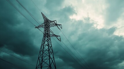 Fototapete - Close-up of a tall transmission tower with power lines, set against a dramatic cloudy sky, showcasing the tower's structure and the power it transmits.