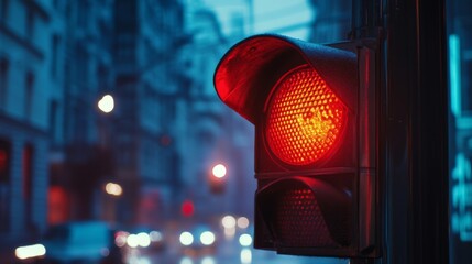 Aufkleber - Close-up of a traffic light showing the red signal, with clear details of the light's casing and the illuminated color against a city backdrop.