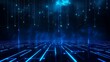 A futuristic digital landscape with neon blue lines creating a grid pattern and glowing lights descending from above, evoking a cyberpunk feel.
