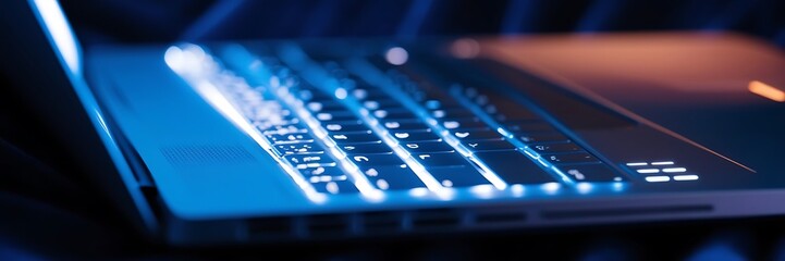 Closeup of a Laptop Keyboard with Colorful Glowing Lights. representing the digital world, technology