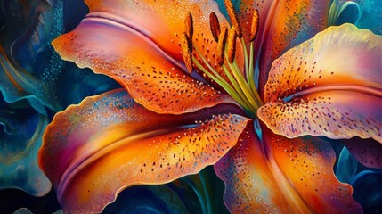 Poster - Close-up of a vibrant lily with its striking, open petals and intricate details, displaying its rich colors and natural beauty