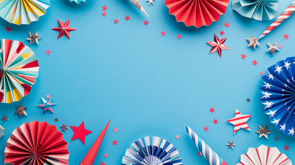 Wall Mural - Frame of colored paper fans of the US flag and fireworks on a light blue background. Happy Labor Day, Presidents Day, Columbus Day.