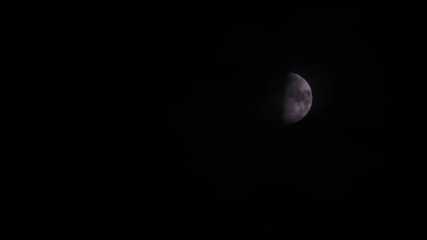 Wall Mural - First quarter moon or waxing gibbous with amazing craters moving among mysterious clouds at night. Telephoto view, real midnight footage with black background. Creepy halloween sky, astrology concept.