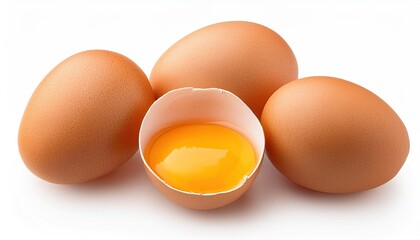  Chicken eggs and half broken egg with yolk isolated on white background