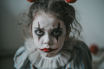 Wall Mural - Sad Clown Costume perfect for Halloween, featuring a girl as a scary clown with a mournful expression