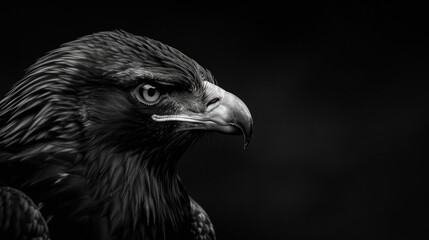 An eagle head with black and white colors on a black background. Stock image.