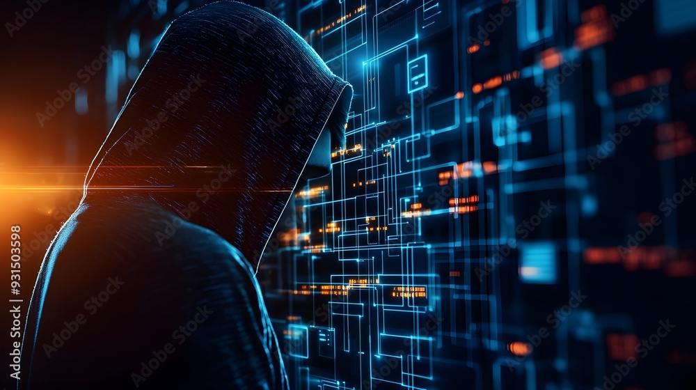 Mysterious hacker in a hoodie with face obscured, set against a ...