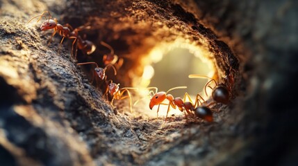 Poster - Close-up of an ant nest with several ants emerging, focusing on the entrance and the busy activity of the ants as they move in and out.