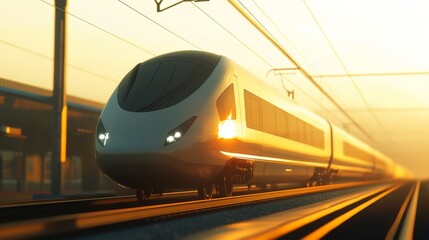 Aufkleber - Close-up of an electric train gliding smoothly along the tracks, highlighting the sleek design and modern features against a clear sky.