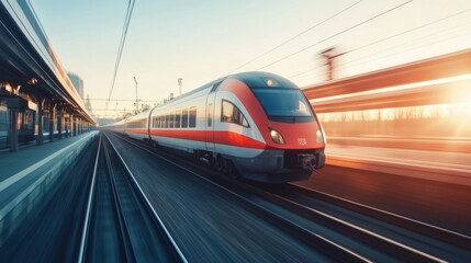 Aufkleber - Close-up of an electric train gliding smoothly along the tracks, highlighting the sleek design and modern features against a clear sky.