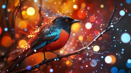 Poster - Close-up of an elegant bird with striking feathers, perched on a branch, with a dazzling background of abstract lights creating a vibrant and artistic effect.