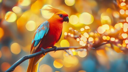 Poster - Close-up of an elegant bird with striking feathers, perched on a branch, with a dazzling background of abstract lights creating a vibrant and artistic effect.