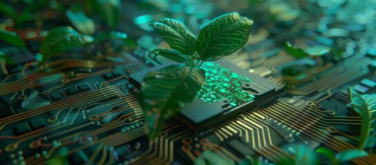 Poster - A modern green plant grows on a computer circuit board. Stock image.