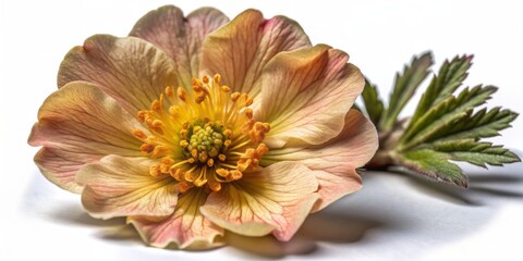 Wall Mural - Vibrant fruit of Geum pentapetalum plant isolated on white background, showcasing delicate pink petals and yellow center, with plenty of copyspace for creative text overlay.