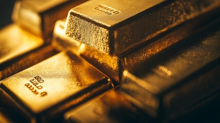 Poster - Close-up of gleaming gold bars stacked neatly, reflecting light and showcasing their bright, polished surfaces, symbolizing wealth and investment.