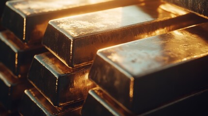 Poster - Close-up of gleaming gold bars stacked neatly, reflecting light and showcasing their bright, polished surfaces, symbolizing wealth and investment.