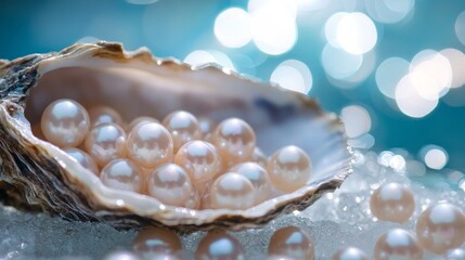 Close-up of pearls gently spilling from an open oyster shell, showcasing their natural beauty and the mystery of the ocean.