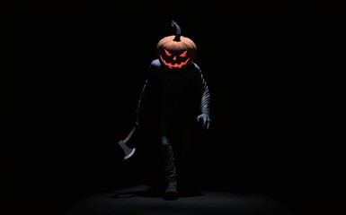 Wall Mural - Scary person with a pumpkin Halloween head holding an axe, walking in the middle of darkness.