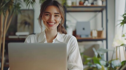Poster - Young smiling confident happy successful employee IT business woman wears white shirt casual clothes hold use work on laptop pc computer surfing internet sit at office desk Achievement : Generative AI