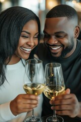 Wall Mural - A couple is holding wine glasses and smiling at the camera. Scene is happy and celebratory