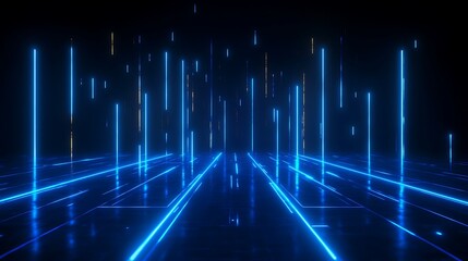 Futuristic abstract digital background featuring glowing blue neon lines and geometric patterns in a dark setting. Perfect for tech and innovation themes.