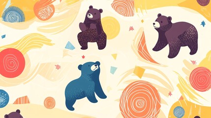 Wall Mural - Cute bears in a swirling abstract design on a light yellow background with geometric shapes