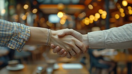 Aufkleber - Business people meeting and handshake at cafe for introduction onboarding and remote work opportunity B2b worker or clients shaking hands at coffee shop of group project deal interview : Generative AI