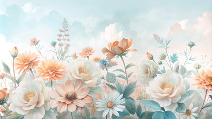 Wall Mural - Delicate, hand-drawn watercolor flowers in soft pastel hues adorn a dreamy, ethereal background, evoking a sense of whimsy and romance in this beautiful floral illustration.